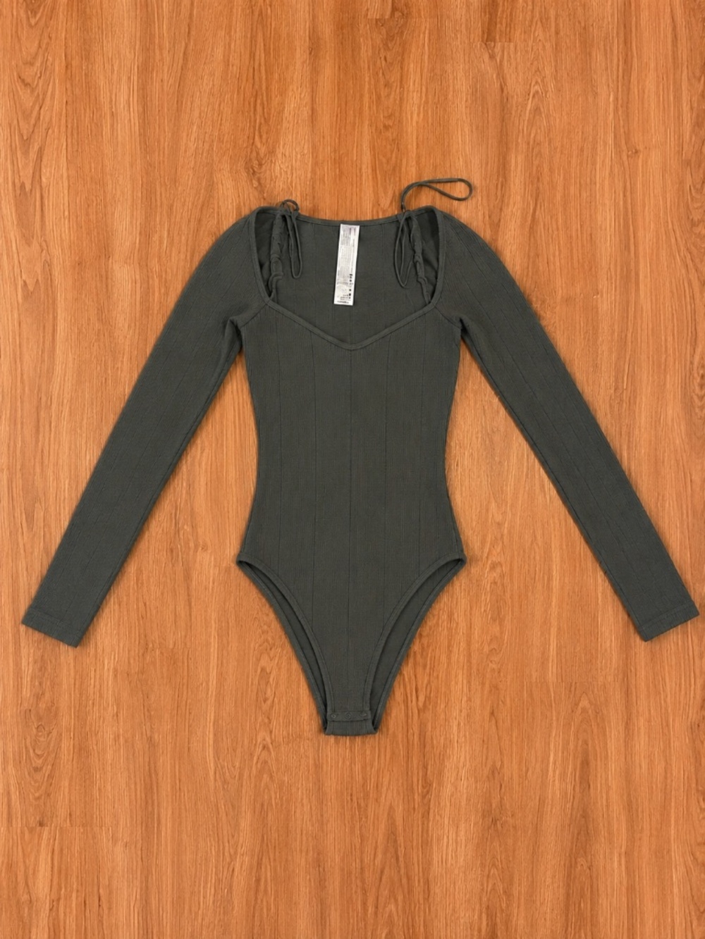 Zara Ribbed Bodysuit Dark Gray Tie Shoulder Long Sleeve Stretch XS/S